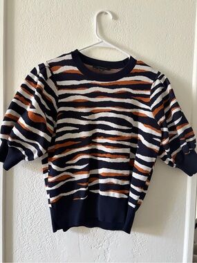 Ann Taylor Zebra Print Knit Sweater Top | Size Small | Puff Sleeve Navy & Rust